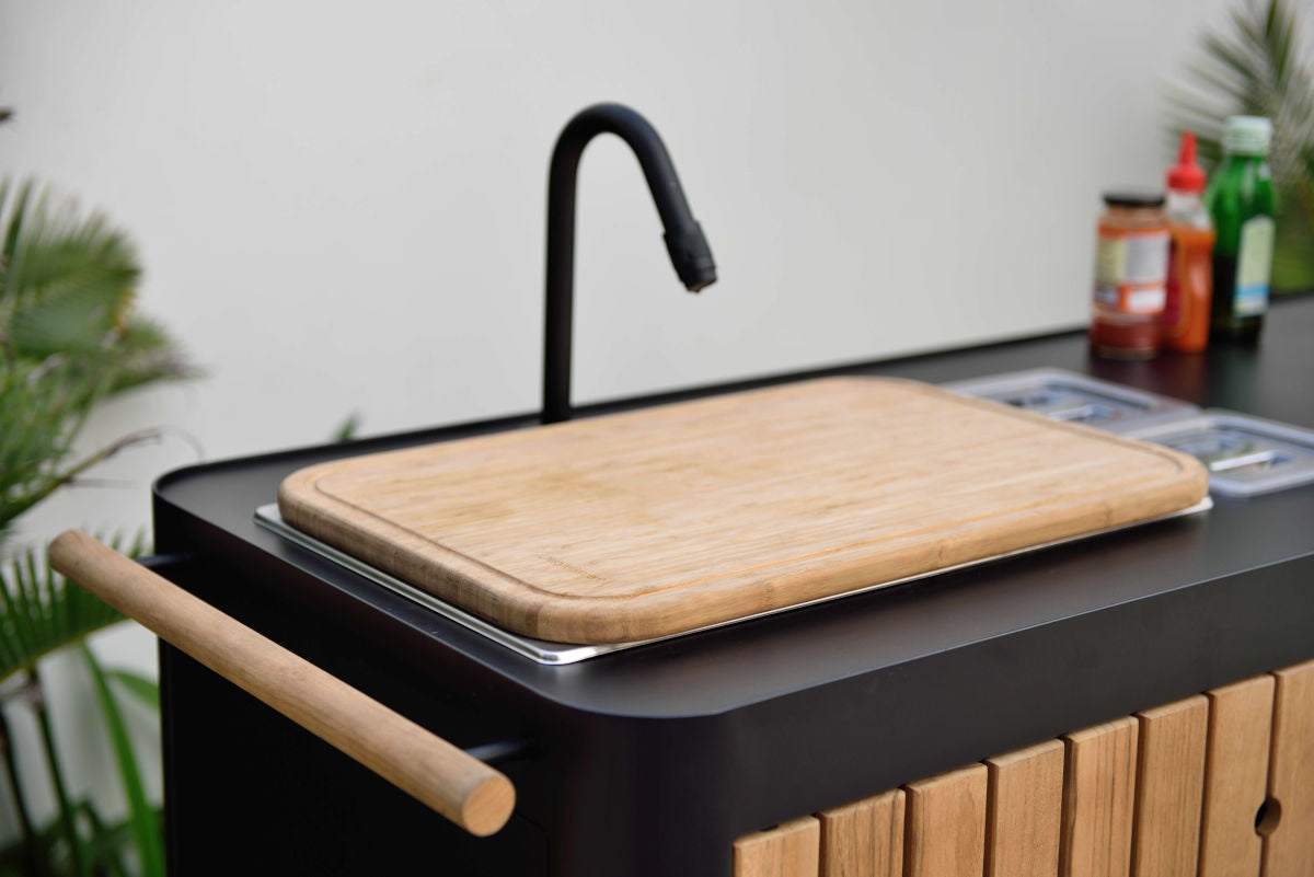 Portals Dark Outdoor Kitchen by LifestyleGarden US with black metal body and wood front on Tampa Home & Garden Store