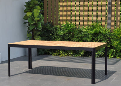 Portals rectangular outdoor dining table with wooden top and black legs by LifestyleGarden on Tampa Home & Garden Store