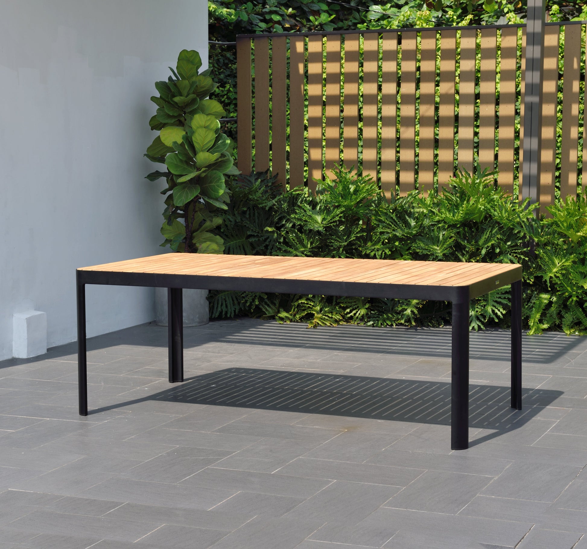 Portals Dark Rectangular Teak Table with black metal legs by LifestyleGarden US on Tampa Home & Garden Store