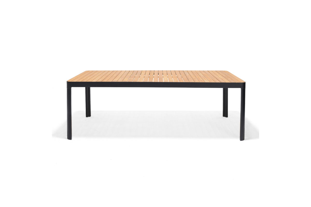 Portals dark rectangular outdoor dining table with wooden slats and black metal frame on Tampa Home & Garden Store