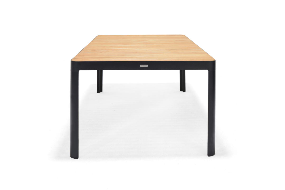 Portals Dark Rectangular Outdoor Dining Table with light wood top and black metal legs on Tampa Home & Garden Store