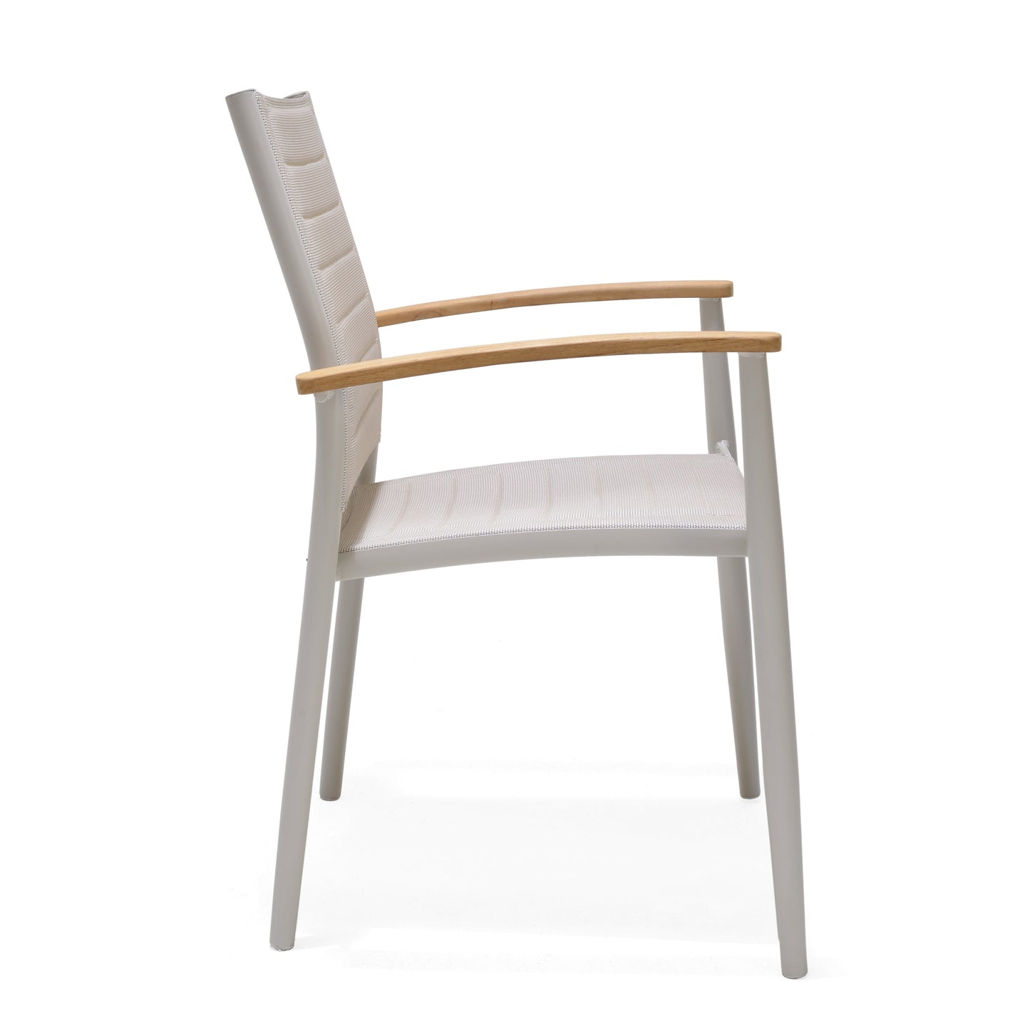 Portals Light Lite 2pc Stacking Armchair beige fabric with gray frame and wood arms on Tampa Home & Garden Store