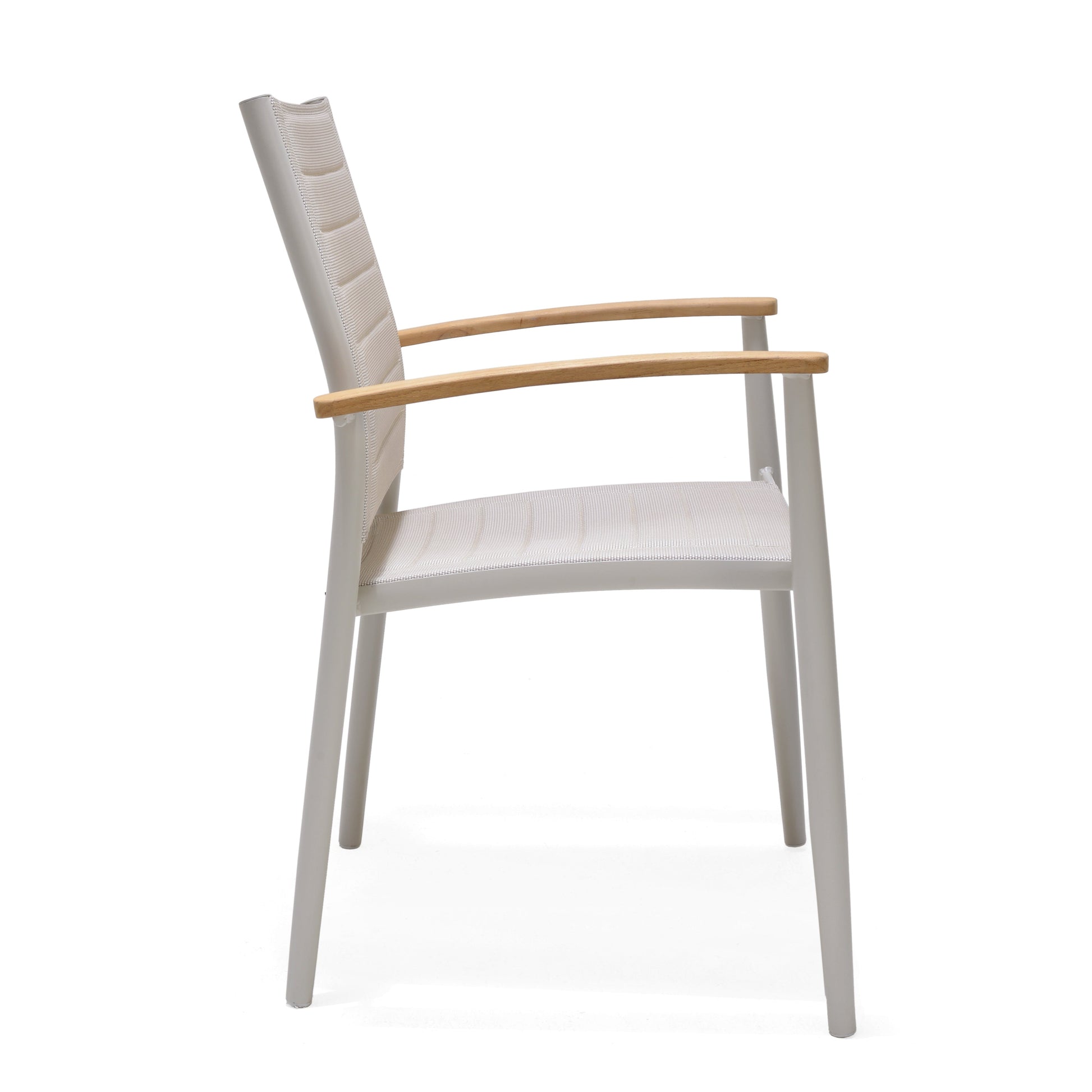 Portals Light Lite 2pc Stacking Armchair beige fabric with gray frame and wood arms on Tampa Home & Garden Store