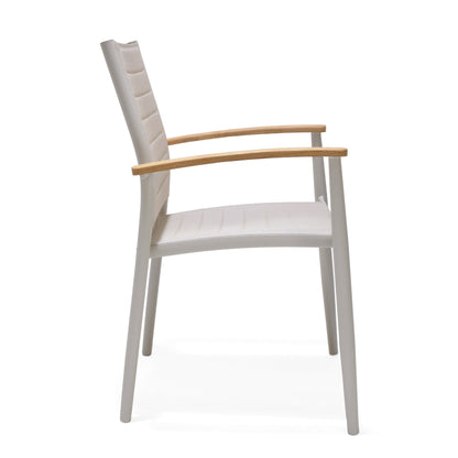 Portals Light Lite 2pc Stacking Armchair beige fabric with gray frame and wood arms on Tampa Home & Garden Store
