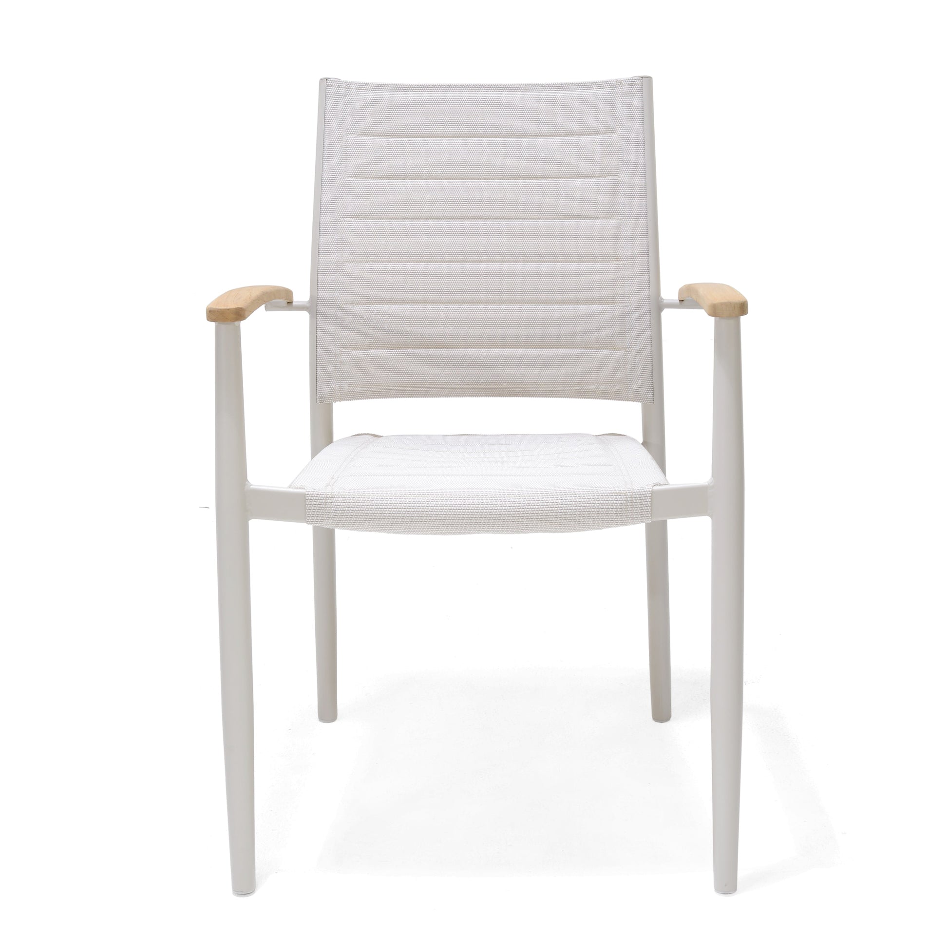 Portals Light Lite 2pc stacking chair by LifestyleGarden light gray mesh with wooden arms on Tampa Home & Garden Store