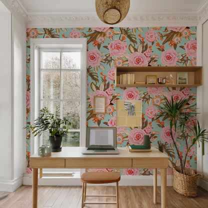Posh Posy Wallpaper, light blue - Tampa Home & Garden Store