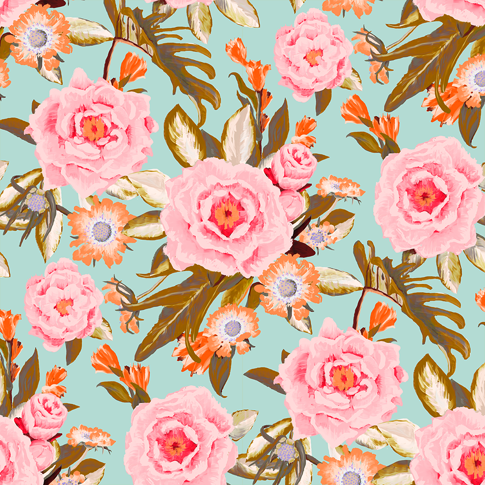 Posh Posy Wallpaper, light blue - Tampa Home & Garden Store