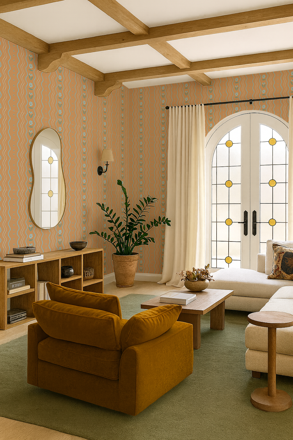 Posy Lane Stripe Wallpaper, apricot and light blue - Tampa Home & Garden Store