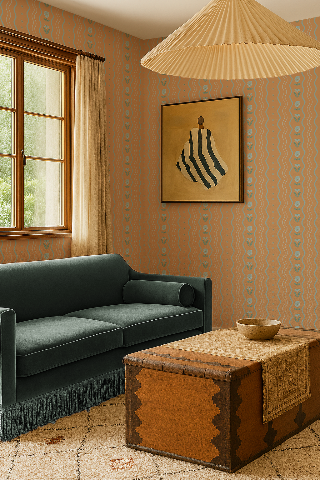 Posy Lane Stripe Wallpaper, apricot and light blue - Tampa Home & Garden Store