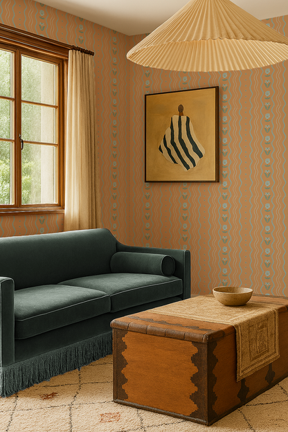 Posy Lane Stripe Wallpaper, apricot and light blue - Tampa Home & Garden Store
