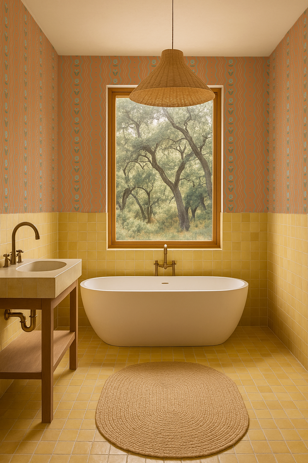 Posy Lane Stripe Wallpaper, apricot and light blue - Tampa Home & Garden Store
