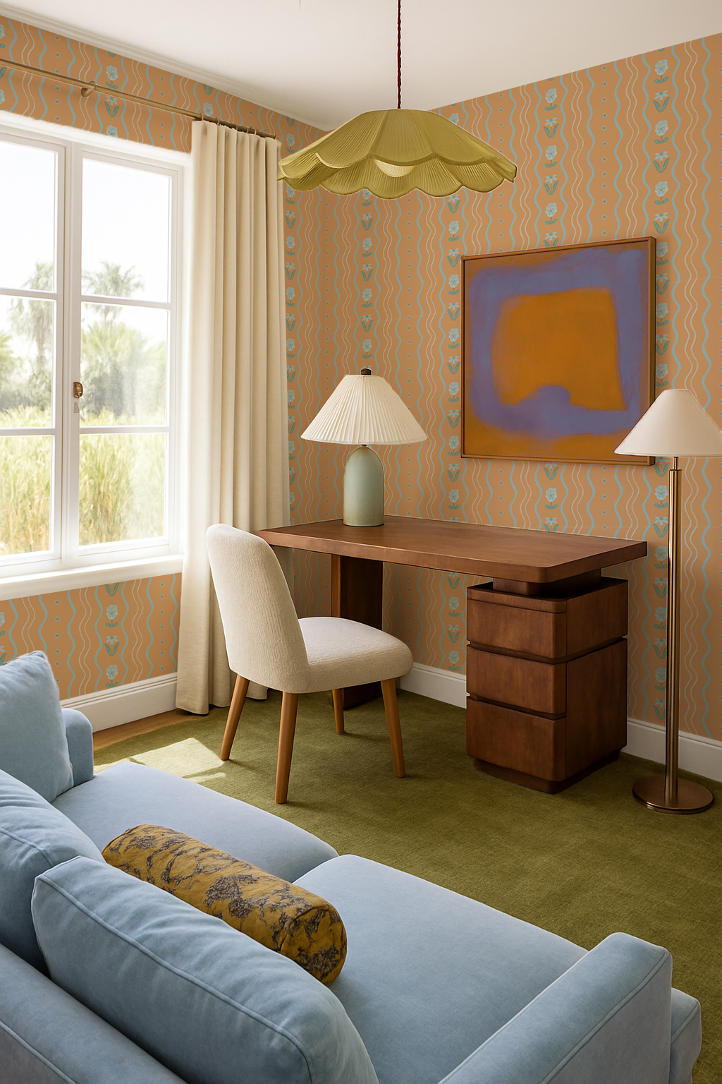 Posy Lane Stripe Wallpaper, apricot and light blue - Tampa Home & Garden Store