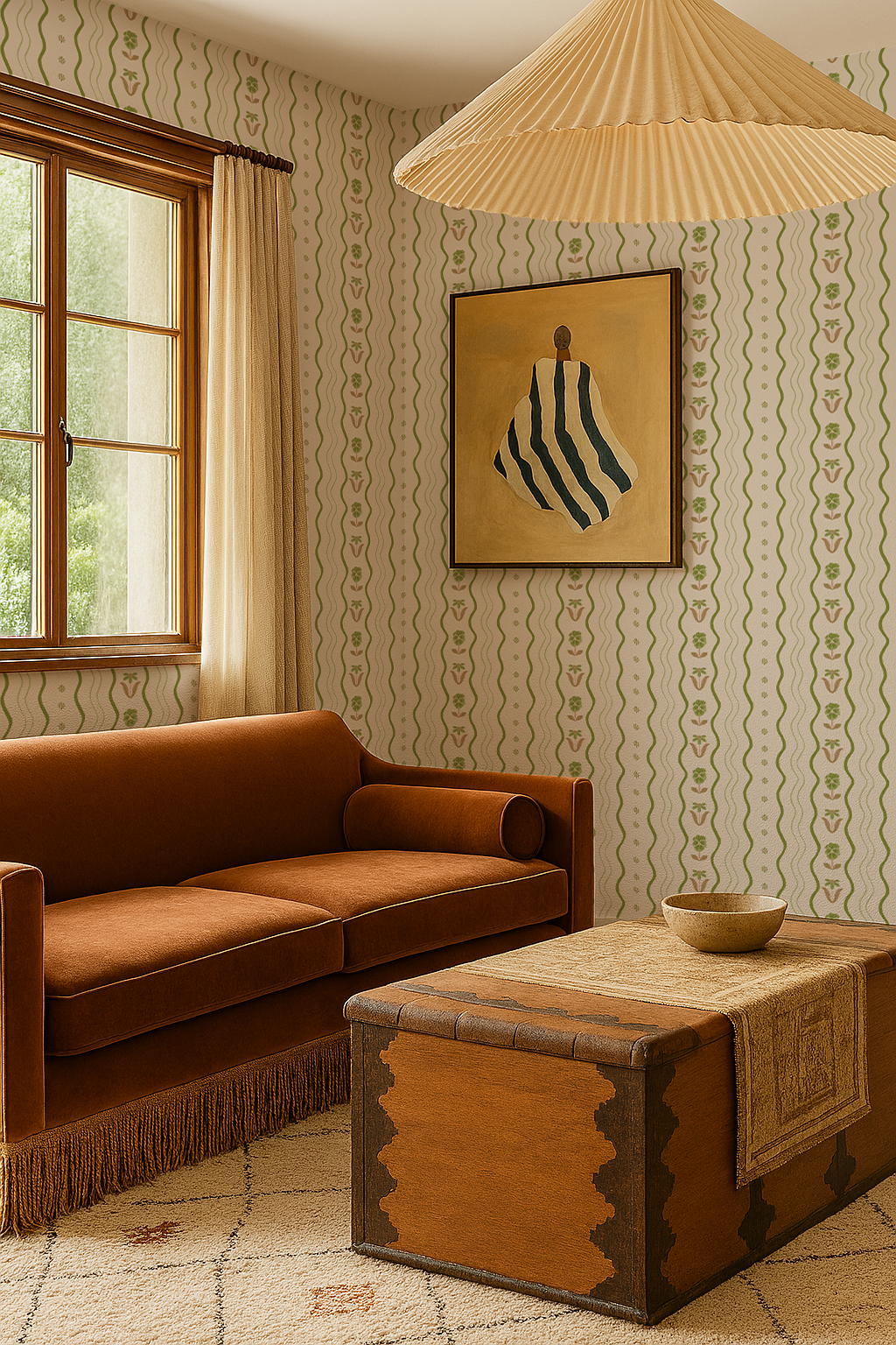 Posy Lane Stripe Wallpaper, beige and green - Tampa Home & Garden Store
