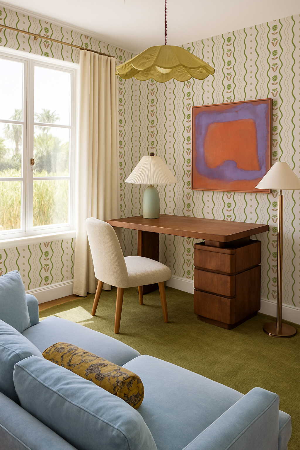 Posy Lane Stripe Wallpaper, beige and green - Tampa Home & Garden Store