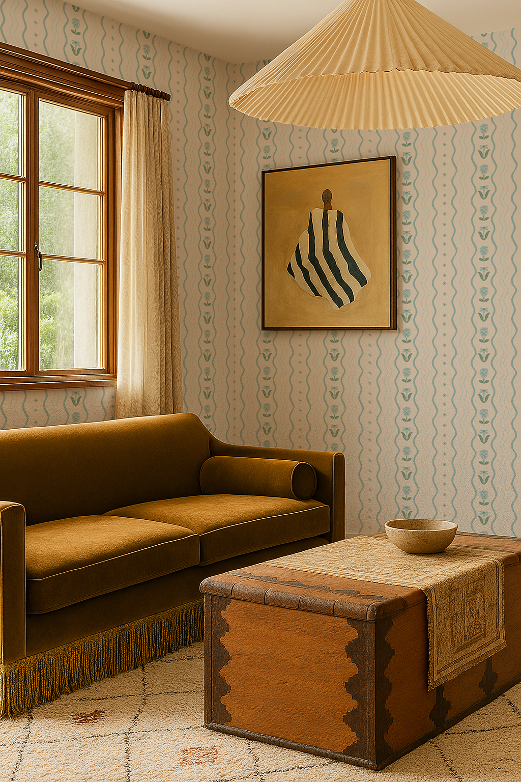 Posy Lane Stripe Wallpaper, beige and light blue - Tampa Home & Garden Store