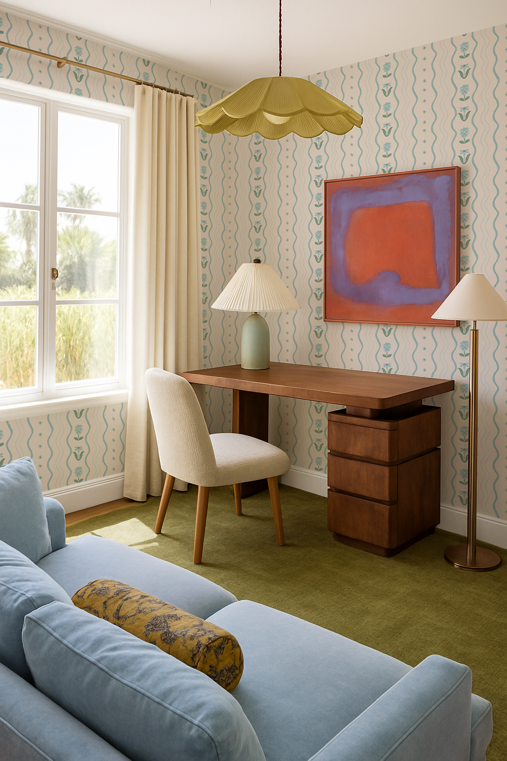 Posy Lane Stripe Wallpaper, beige and light blue - Tampa Home & Garden Store