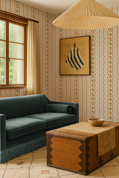 Posy Lane Stripe Wallpaper, beige and orange - Tampa Home & Garden Store