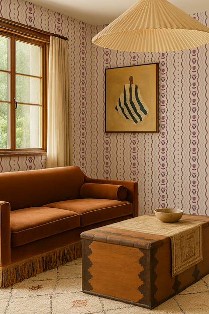 Posy Lane Stripe Wallpaper, beige and plum purple - Tampa Home & Garden Store
