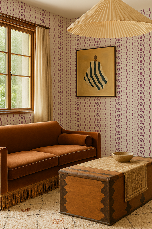 Posy Lane Stripe Wallpaper, beige and plum purple - Tampa Home & Garden Store
