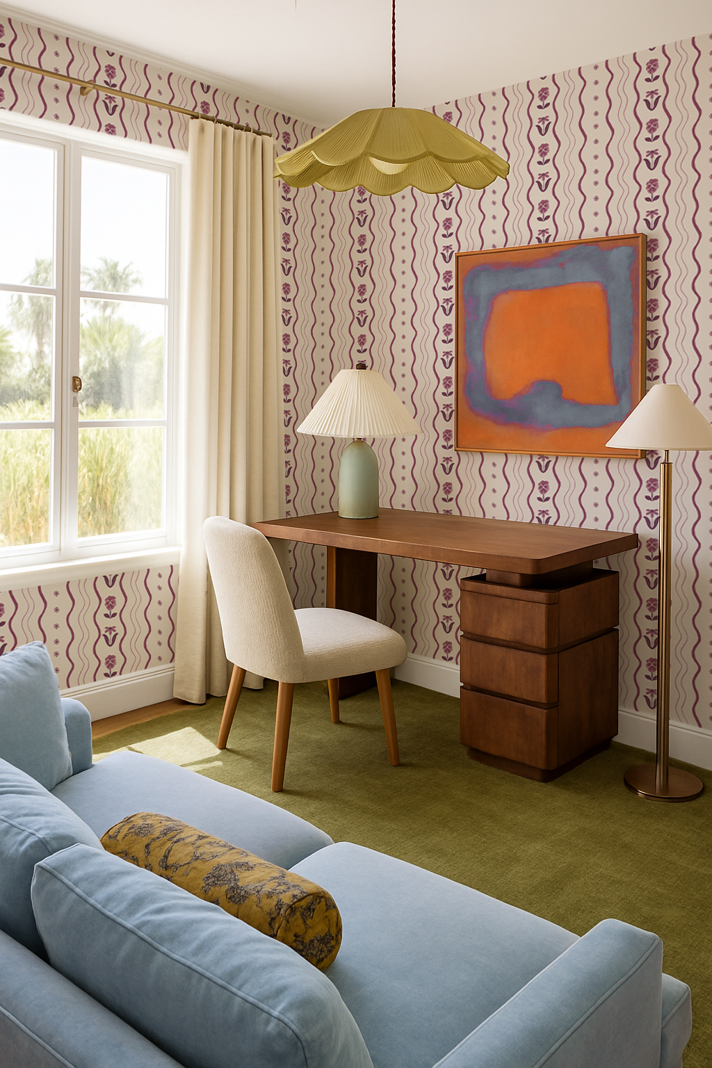 Posy Lane Stripe Wallpaper, beige and plum purple - Tampa Home & Garden Store