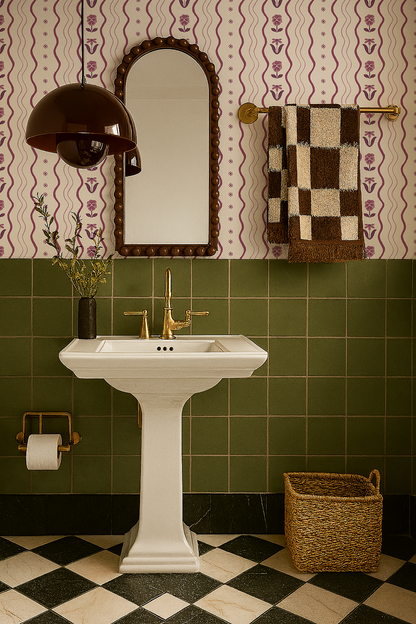 Posy Lane Stripe Wallpaper, beige and plum purple - Tampa Home & Garden Store