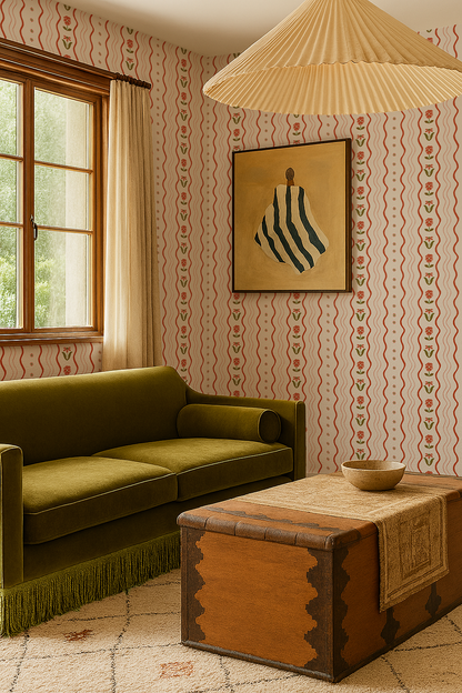 Posy Lane Stripe Wallpaper, beige and poppy red - Tampa Home & Garden Store