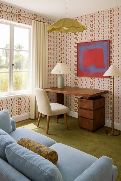 Posy Lane Stripe Wallpaper, beige and poppy red - Tampa Home & Garden Store