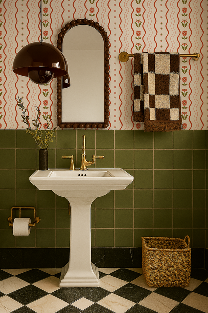 Posy Lane Stripe Wallpaper, beige and poppy red - Tampa Home & Garden Store