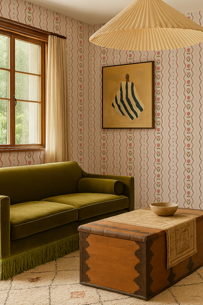 Posy Lane Stripe Wallpaper, beige and terra cotta - Tampa Home & Garden Store