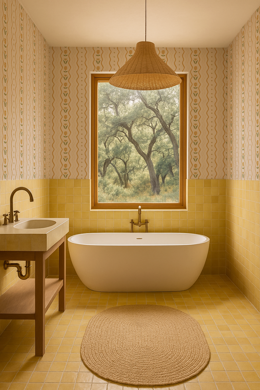 Posy Lane Stripe Wallpaper, beige and yellow - Tampa Home & Garden Store