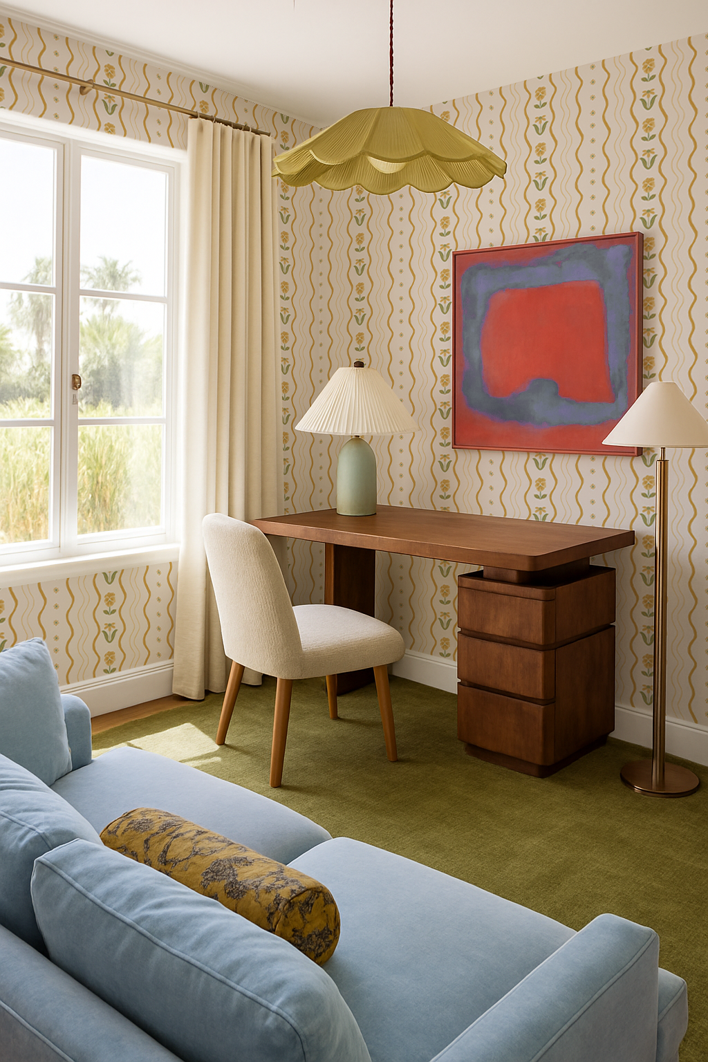 Posy Lane Stripe Wallpaper, beige and yellow - Tampa Home & Garden Store