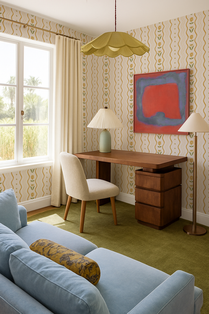 Posy Lane Stripe Wallpaper, beige and yellow - Tampa Home & Garden Store