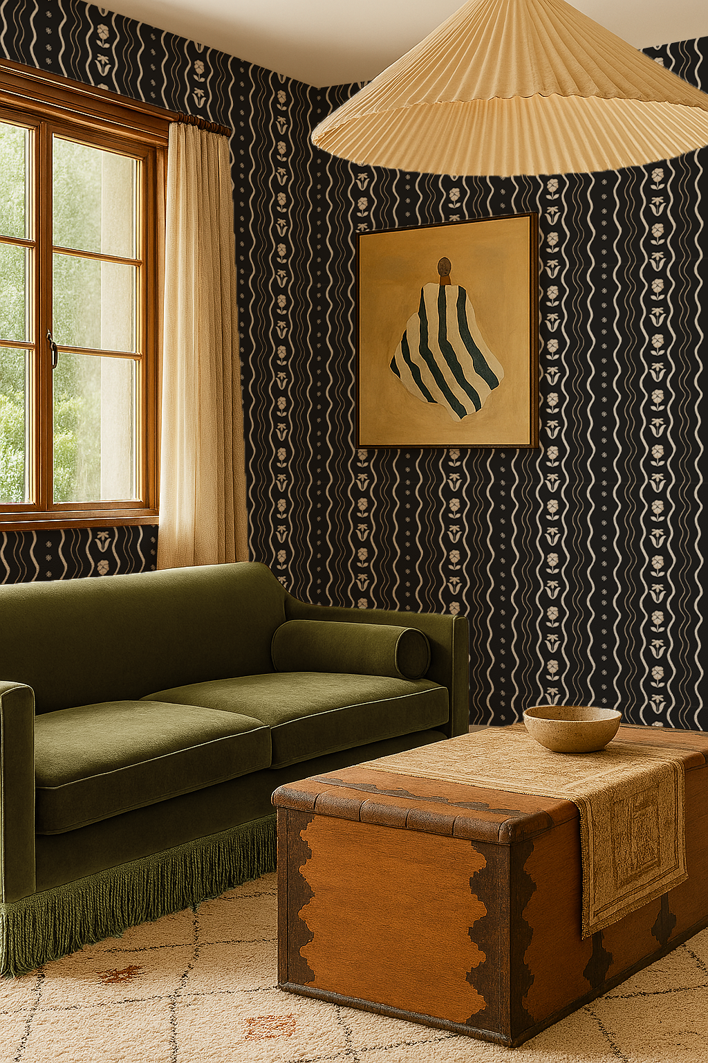 Posy Lane Stripe Wallpaper, black and neutral - Tampa Home & Garden Store