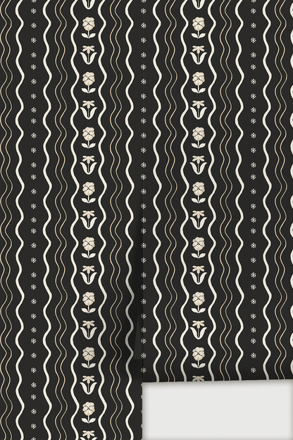 Posy Lane Stripe Wallpaper, black and neutral - Tampa Home & Garden Store