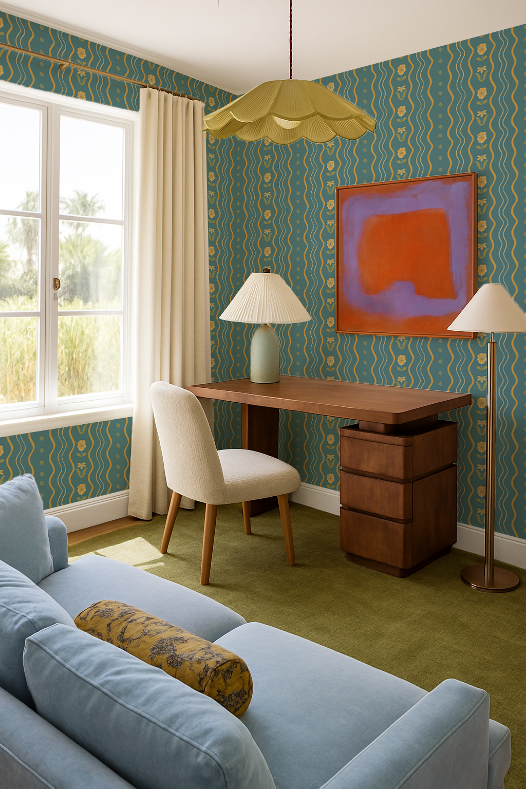 Posy Lane Stripe Wallpaper, blue and yellow - Tampa Home & Garden Store