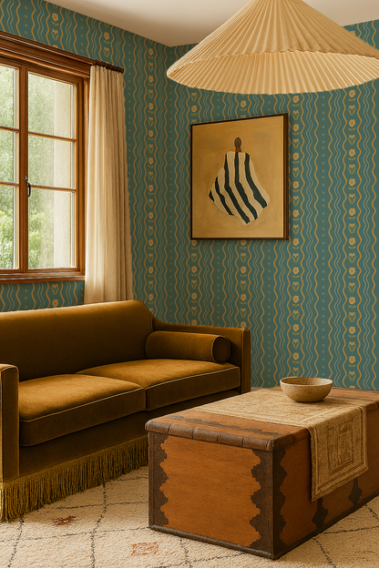 Posy Lane Stripe Wallpaper, blue and yellow - Tampa Home & Garden Store