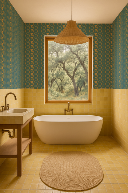 Posy Lane Stripe Wallpaper, blue and yellow - Tampa Home & Garden Store