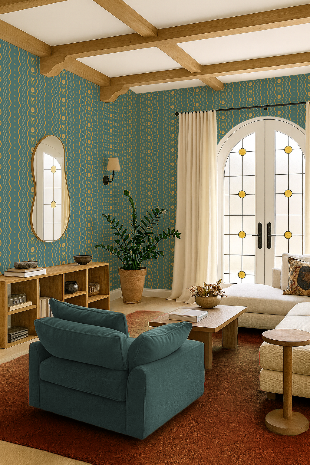 Posy Lane Stripe Wallpaper, blue and yellow - Tampa Home & Garden Store