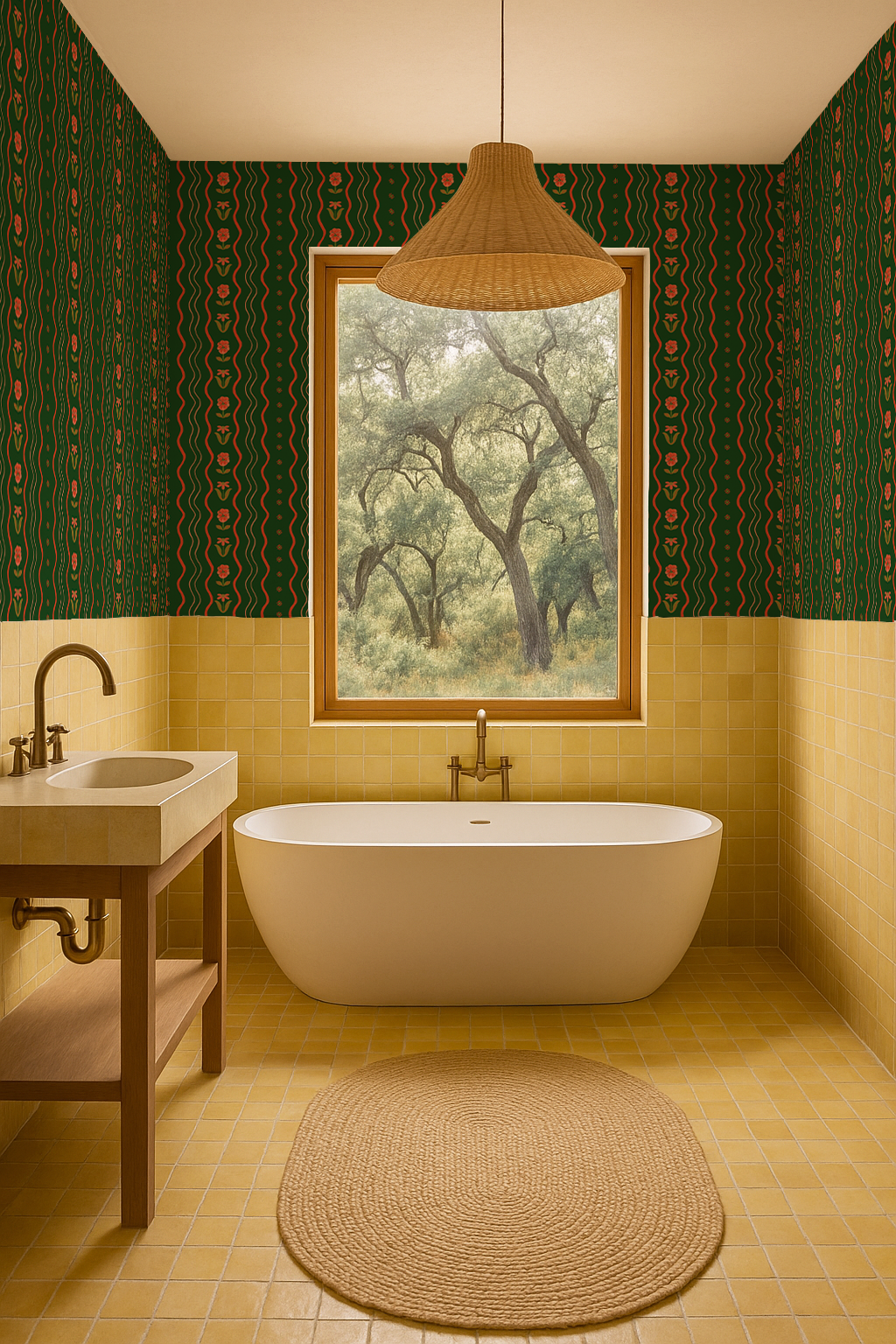 Posy Lane Stripe Wallpaper, dark green and poppy red - Tampa Home & Garden Store