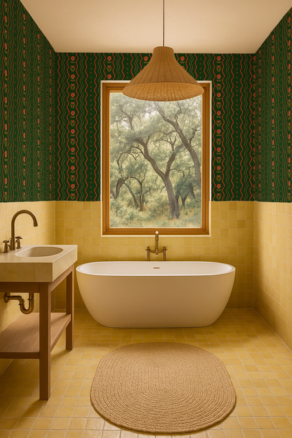 Posy Lane Stripe Wallpaper, dark green and poppy red - Tampa Home & Garden Store