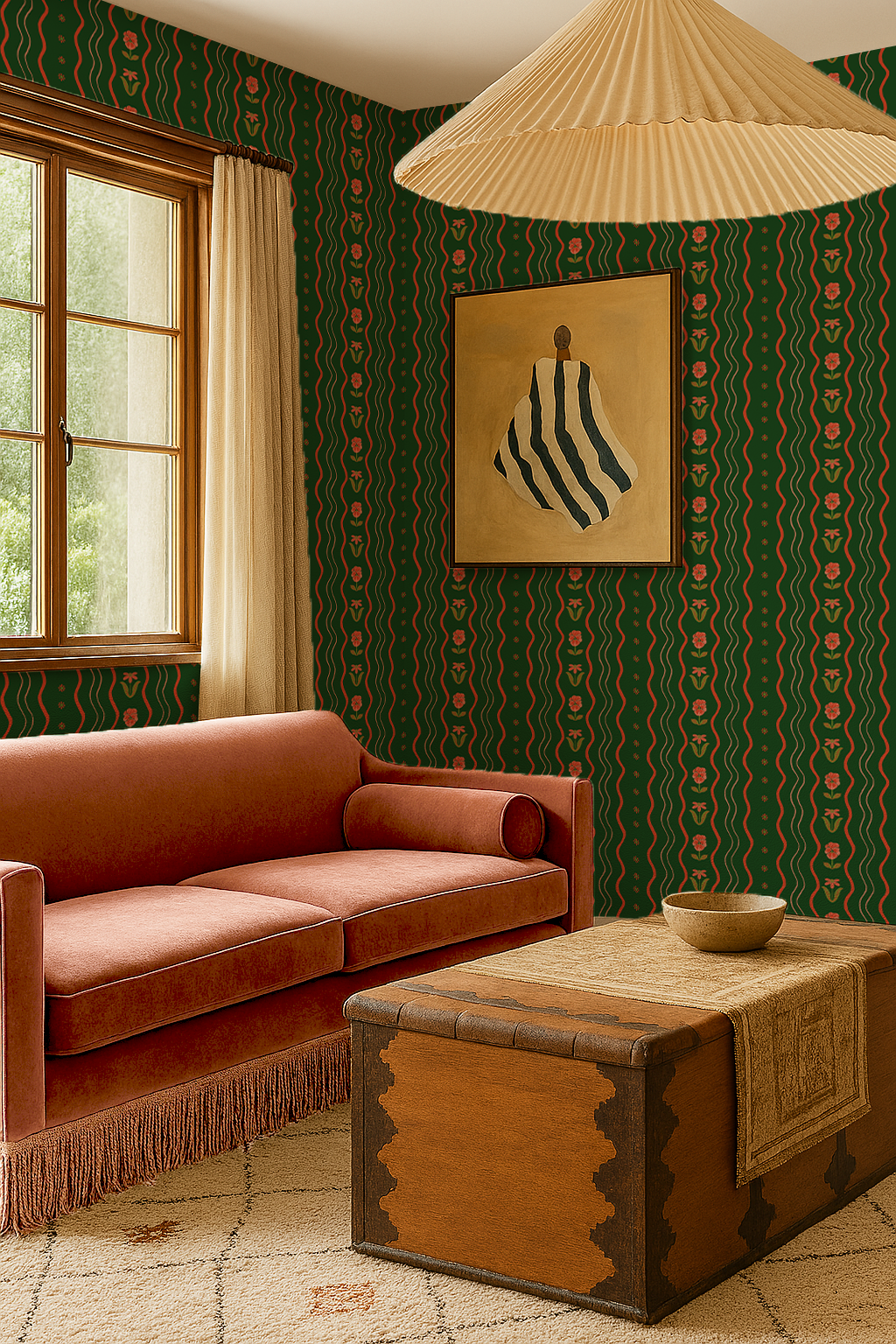 Posy Lane Stripe Wallpaper, dark green and poppy red - Tampa Home & Garden Store