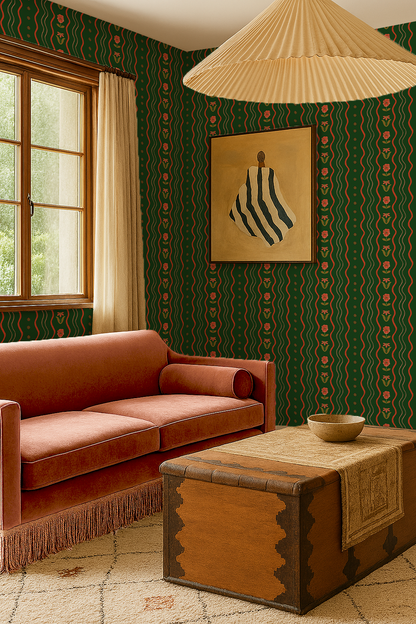 Posy Lane Stripe Wallpaper, dark green and poppy red - Tampa Home & Garden Store