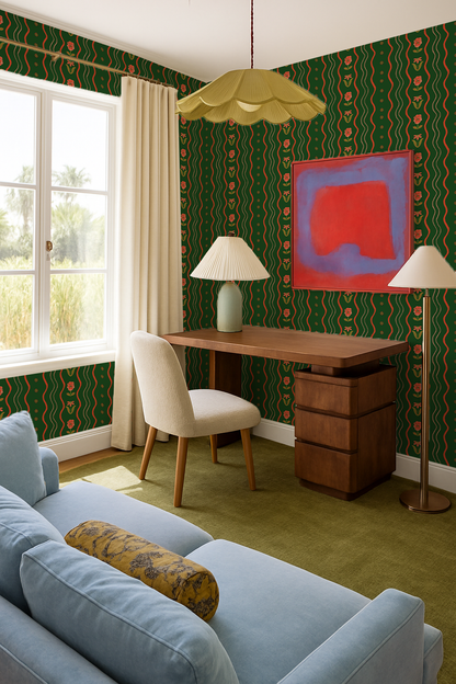 Posy Lane Stripe Wallpaper, dark green and poppy red - Tampa Home & Garden Store