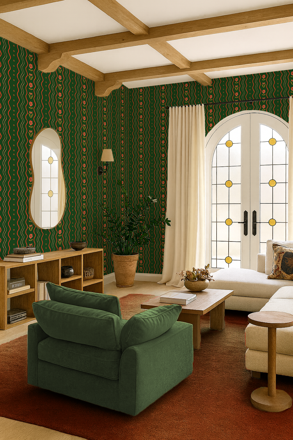 Posy Lane Stripe Wallpaper, dark green and poppy red - Tampa Home & Garden Store