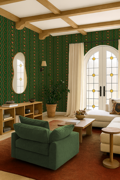 Posy Lane Stripe Wallpaper, dark green and poppy red - Tampa Home & Garden Store