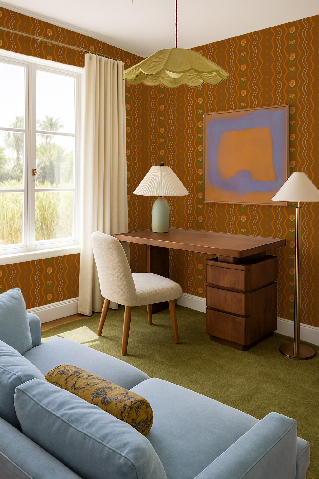 Posy Lane Stripe Wallpaper, golden brown and orange - Tampa Home & Garden Store