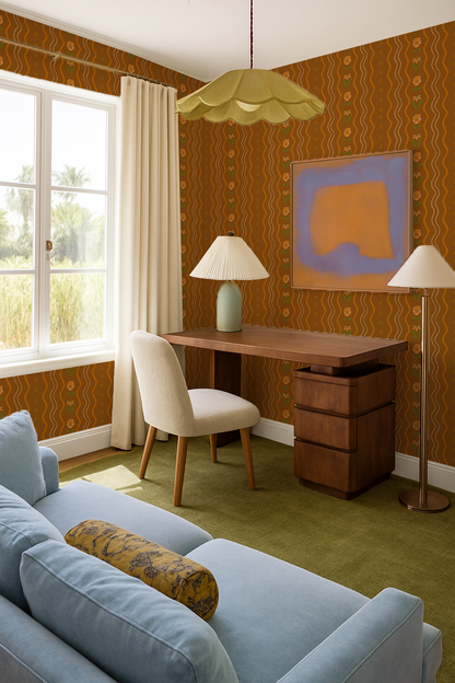 Posy Lane Stripe Wallpaper, golden brown and orange - Tampa Home & Garden Store