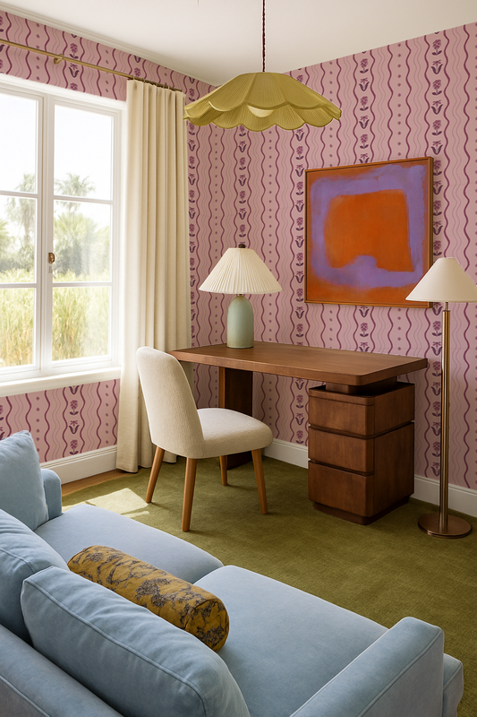 Posy Lane Stripe Wallpaper, lilac and plum - Tampa Home & Garden Store