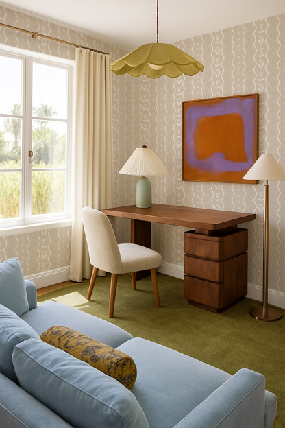 Posy Lane Stripe Wallpaper, tan and white - Tampa Home & Garden Store