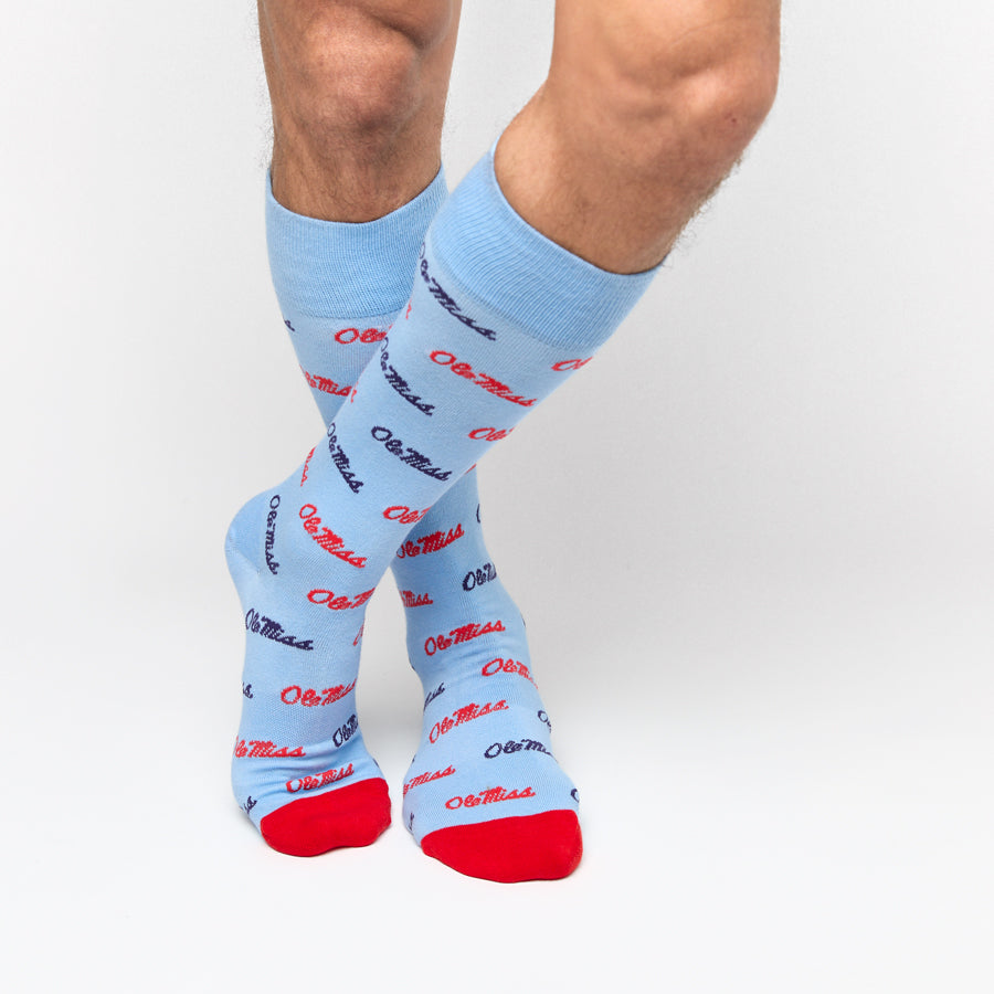 Ole Miss Lafayette 4-Pack licensed college socks by DeadSoxy, two light blue socks with red toes on Tampa Home & Garden Store